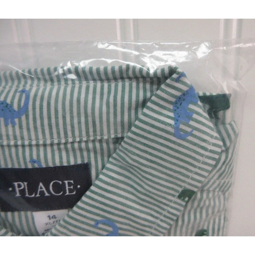 The Children’s Place Boys Striped Dino Poplin Button Up Shirt Green size 14  XL